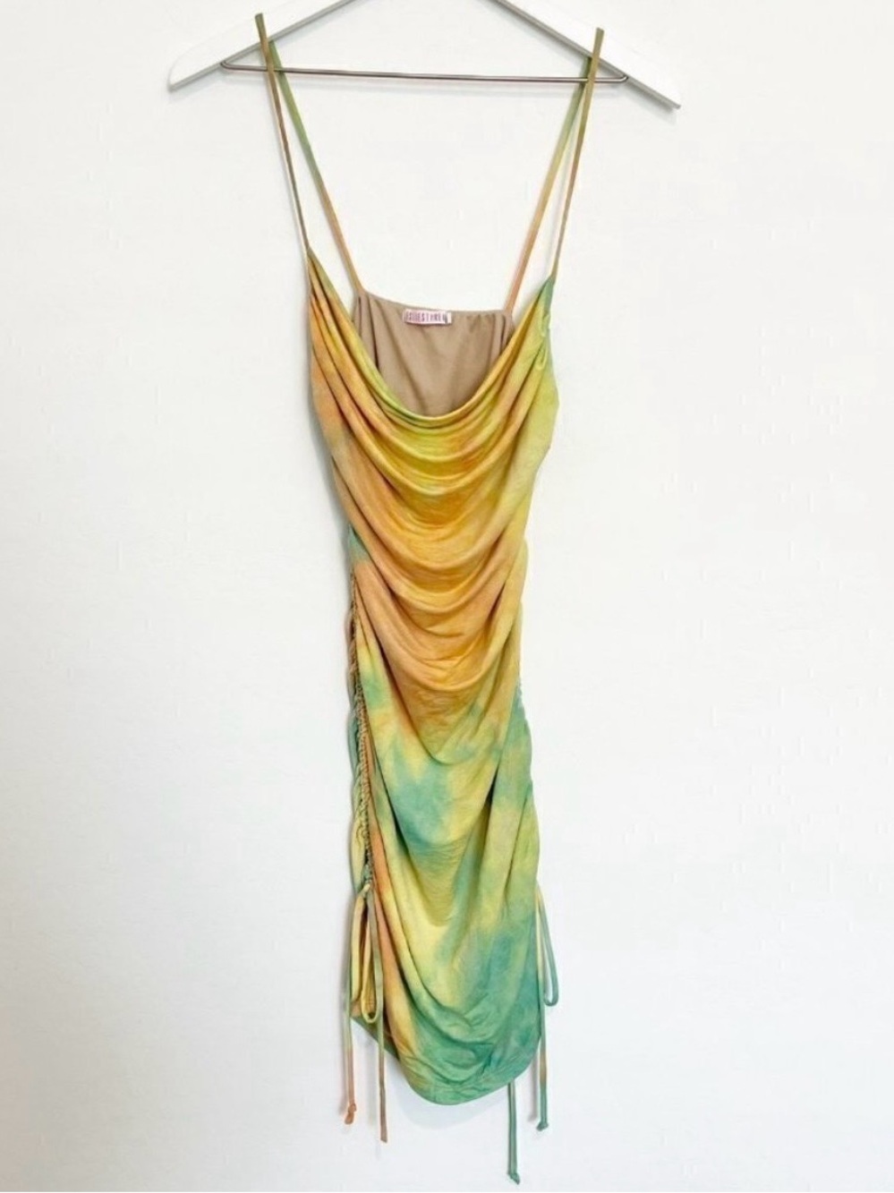 Tie Dye Dress Size S Rainbow Ruched Side Tie Adjustable Bodycon Mini Gown Disco